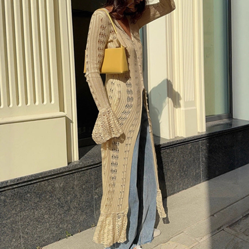 Women's Long Knitted Design Ruffled Idle Style Outer Flared Dress