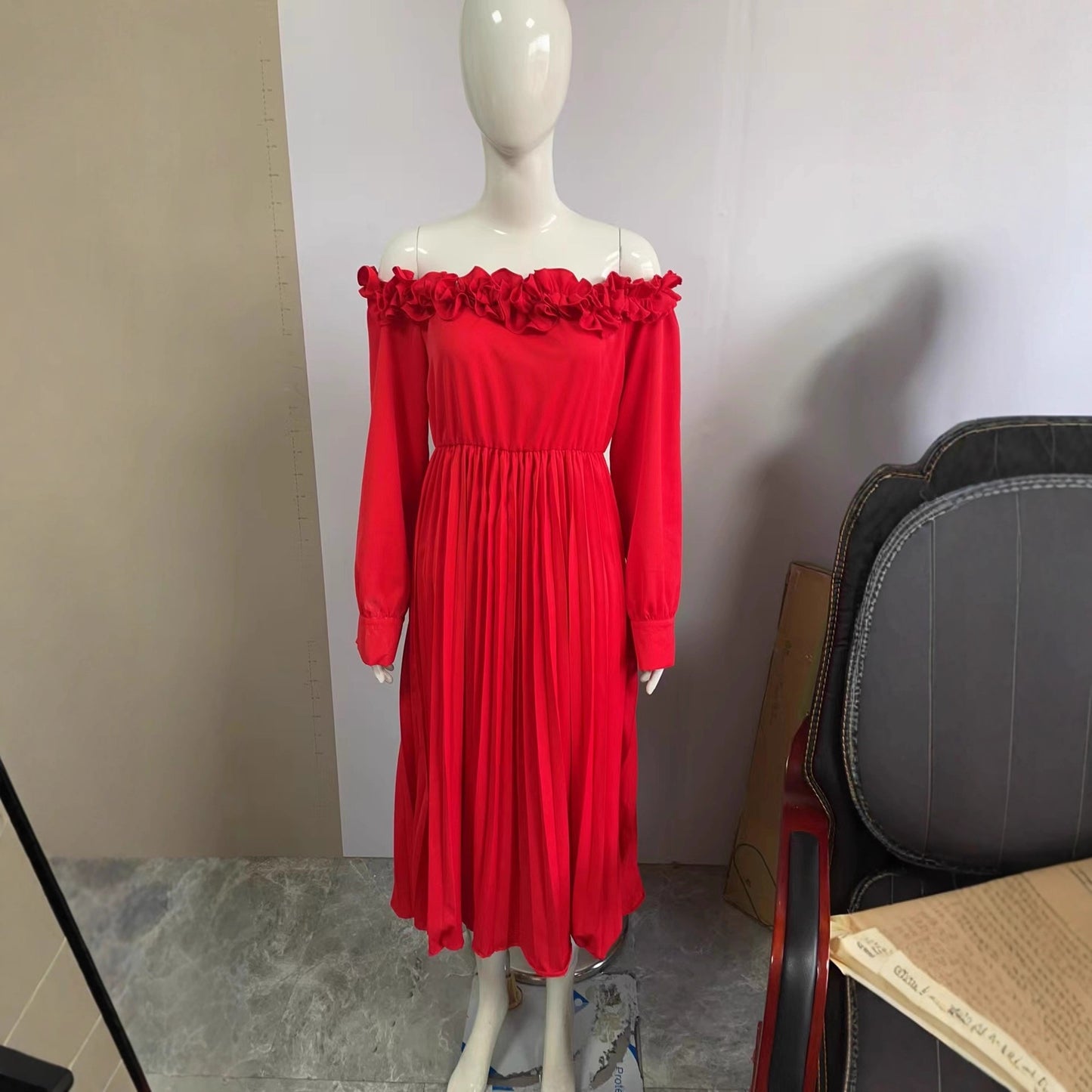 Fashion Solid Color Lotus Leaf Tube Long Sleeve Big Dress
