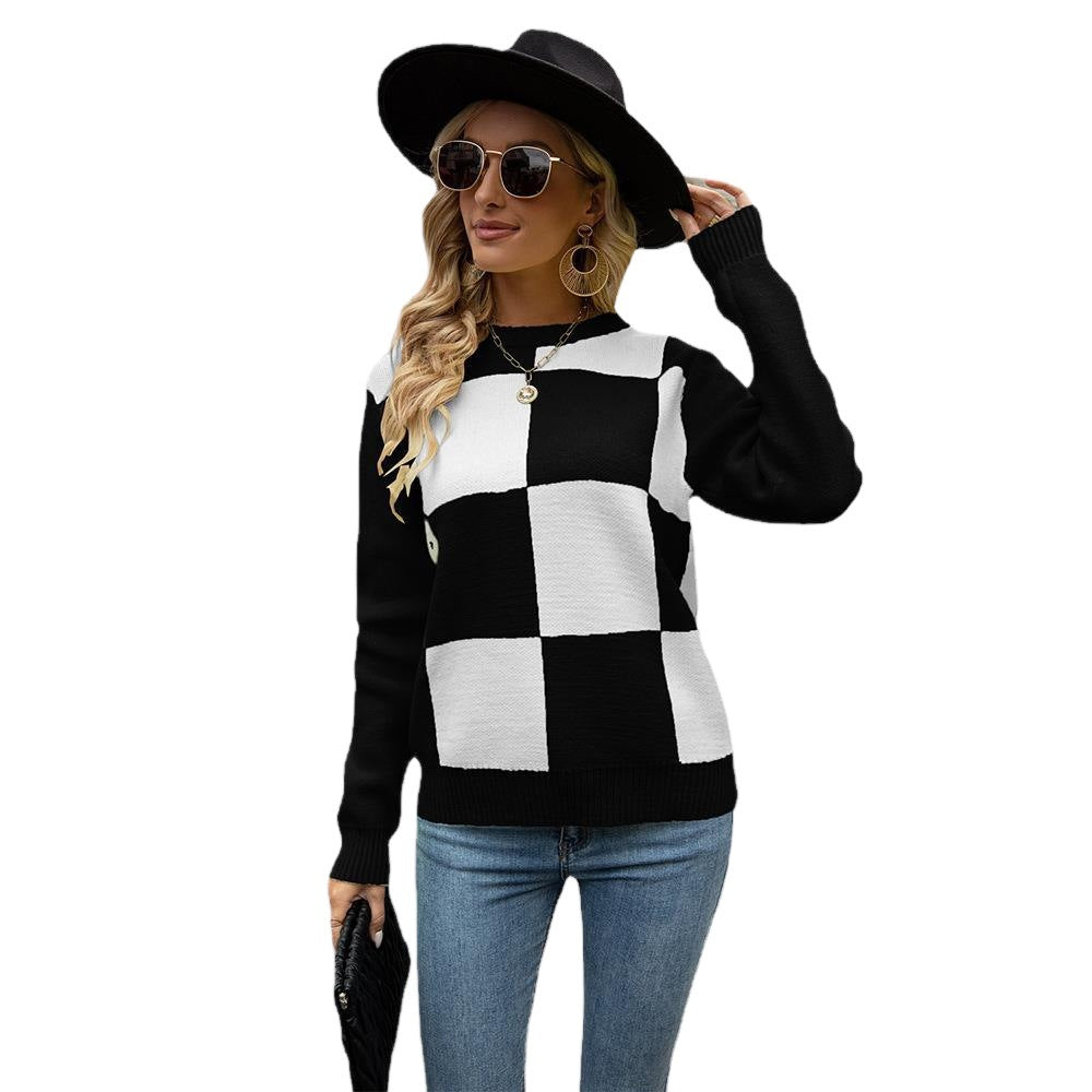 Spring Round Neck Knitted Rose Plaid Sweater