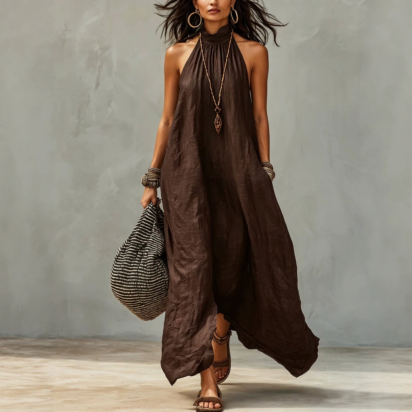Women's Style Halter Long Backless Wrinkle Loose Dress
