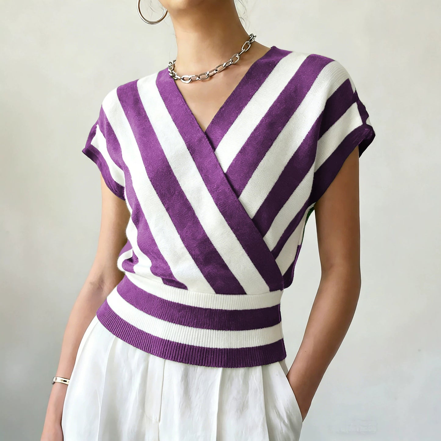 Women's Striped Cross Collar Waist Design Daily Sweaters