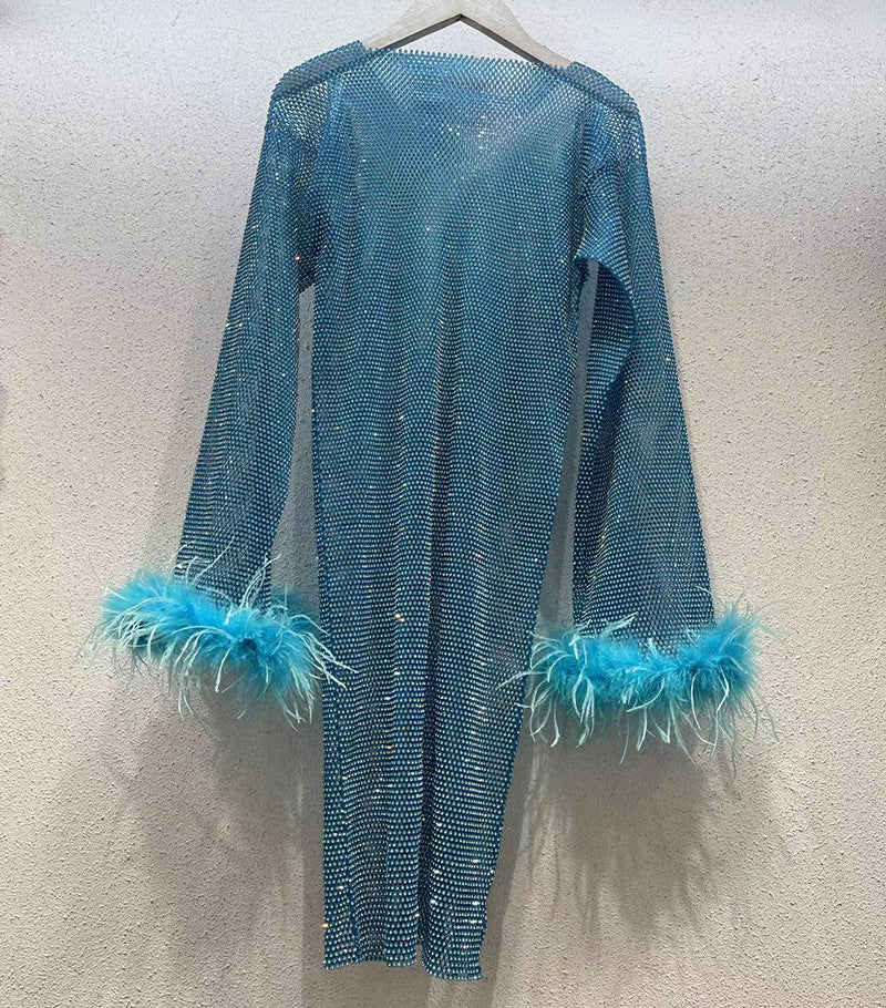 Fashion Luxury Hollow Mesh Ostrich Feather Slimming Bottoming Dress