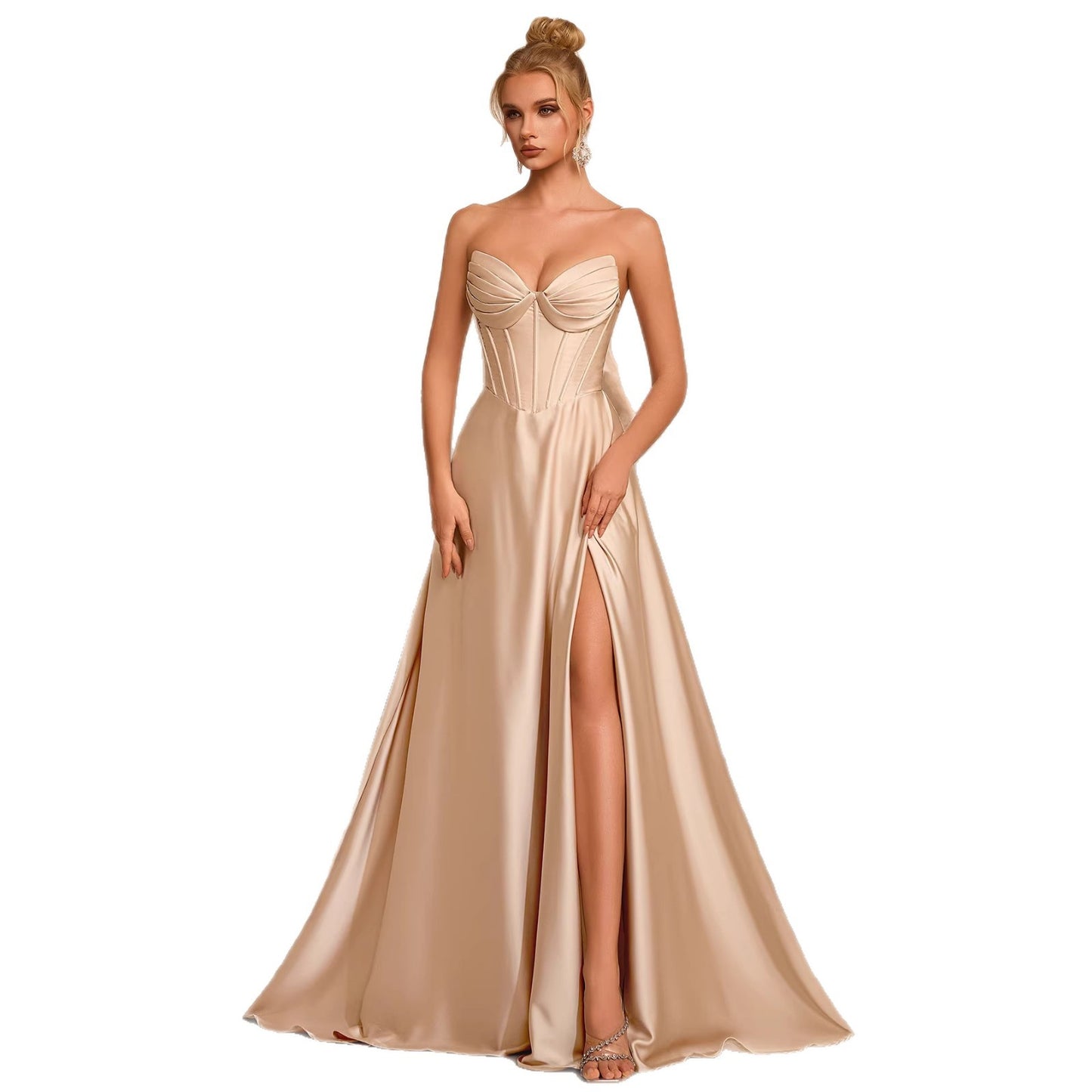 Satin Tube Tight Waist Fishbone Slim Fit Slit Long High-grade Dress