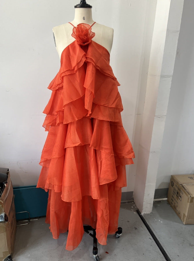 Women's Vacation Style Three-dimensional Flowers Halter Backless Ruffled Dresses