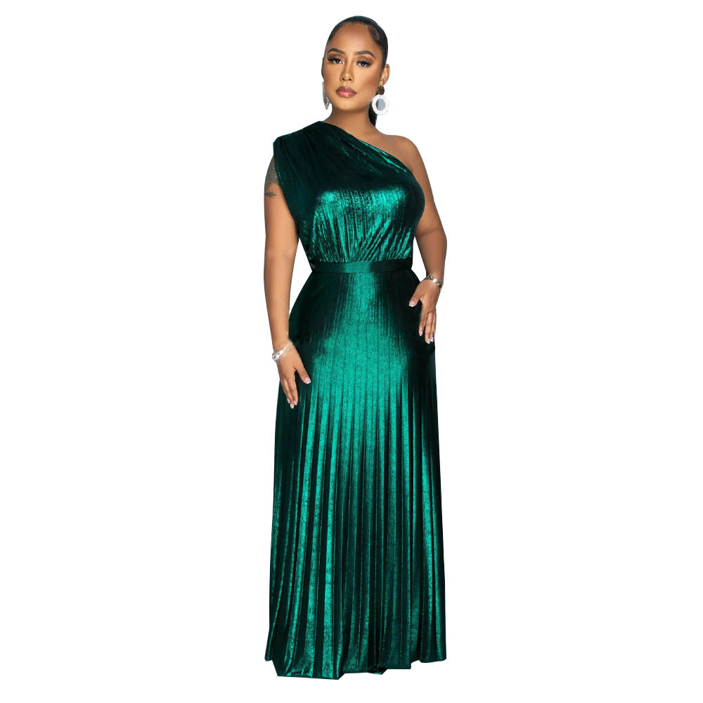 Women's Fashion Diagonal Collar Sleeveless Pleated Dress Dresses