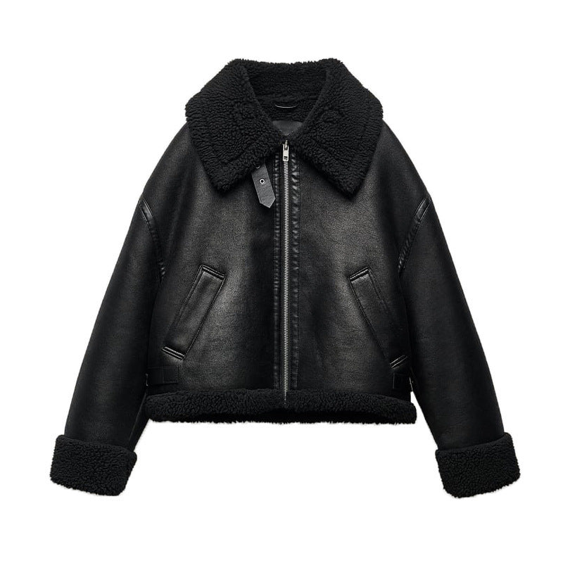 Women's Fur Integrated Loose Thick Double-sided Motorcycle Coats