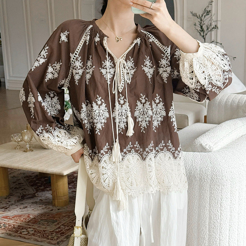 Women's Autumn French Embroidery Hollow Shirt Long Blouses