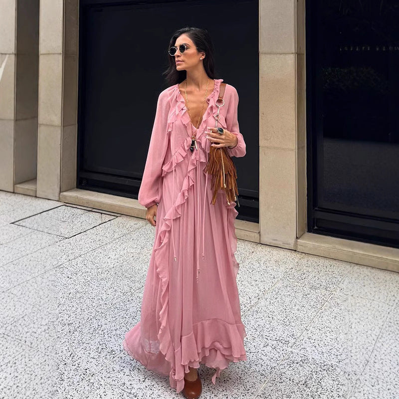 Women's Fresh Sweet Style Laminated Ruffled Long Dresses