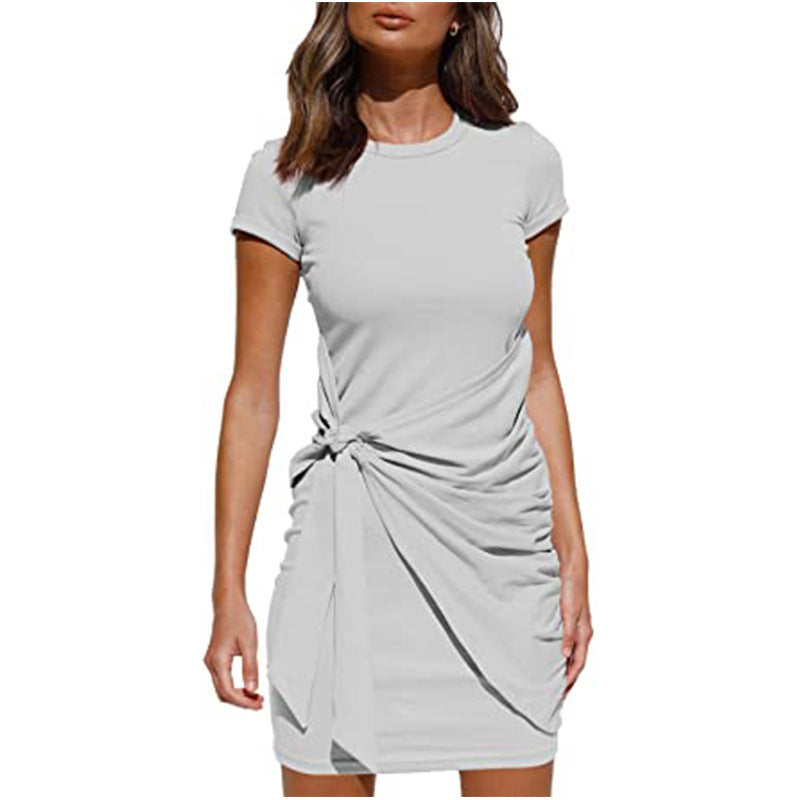 Sleeve Round Neck Pleated Bow Belt Dress