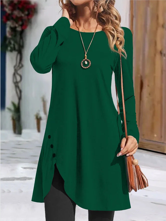 Women's Round Neck Solid Color Long Sleeve Dress