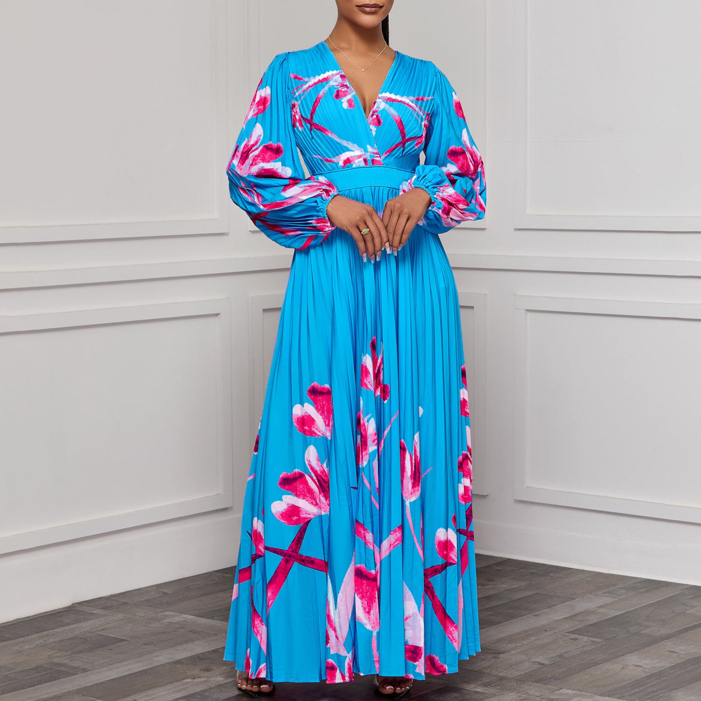 Women's Slimming Long Sleeves Printed Pleated Temperament Dress