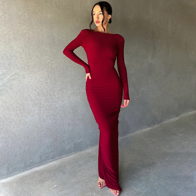 Women's Summer Fashion Sexy Slim Fit Pleated Solid Color Long Dress