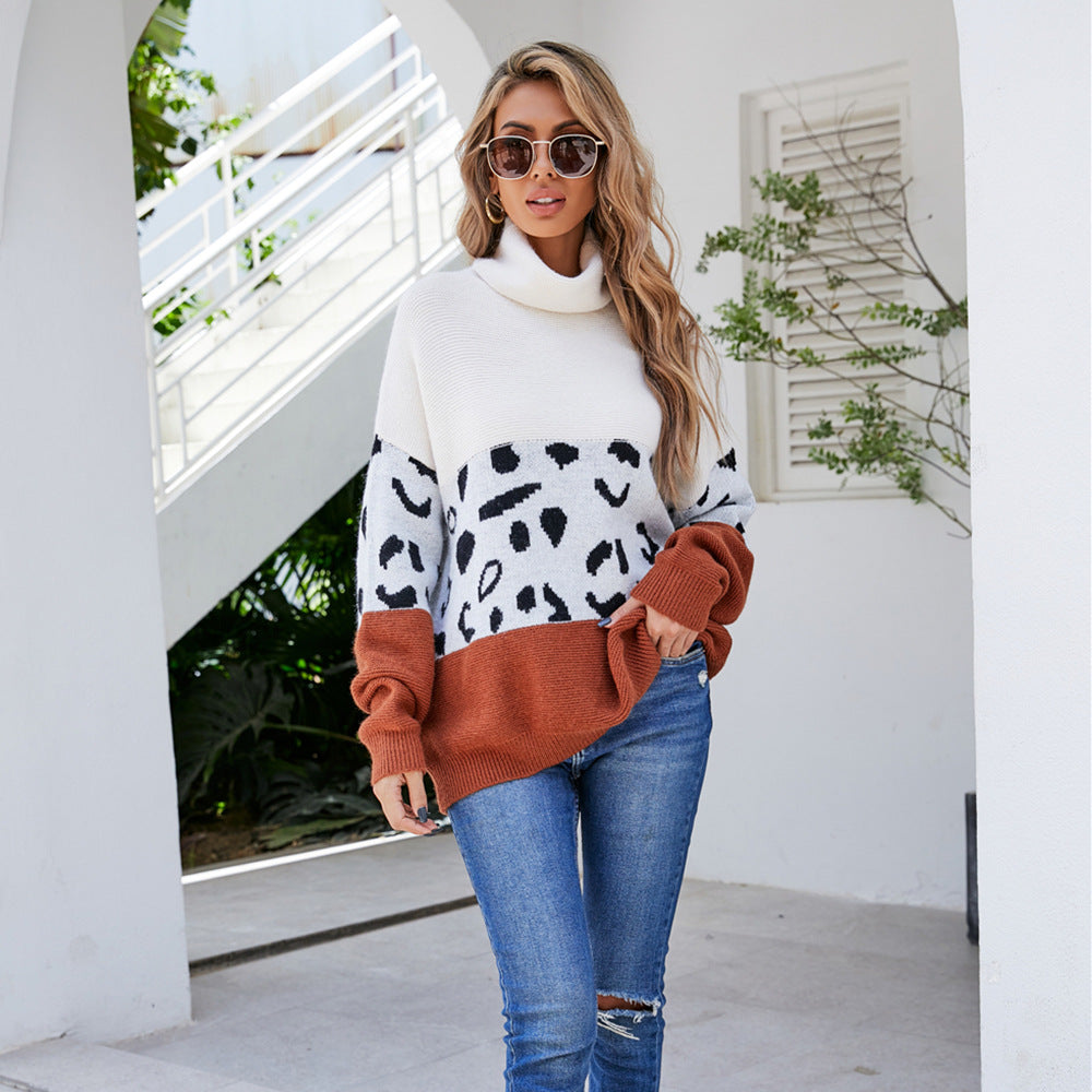 Women's Urban Casual Turtleneck Printing Stitching Leopard Print Idle Style Oversized Sweater