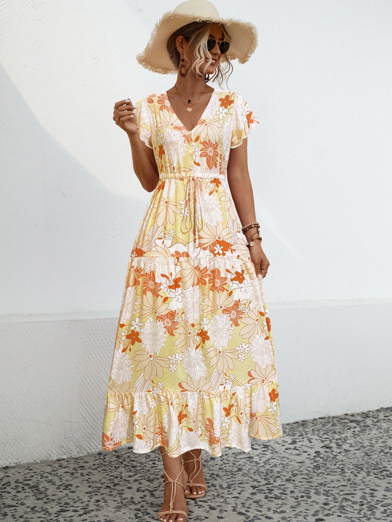 Casual Sleeve Flower Print Button Long Dress