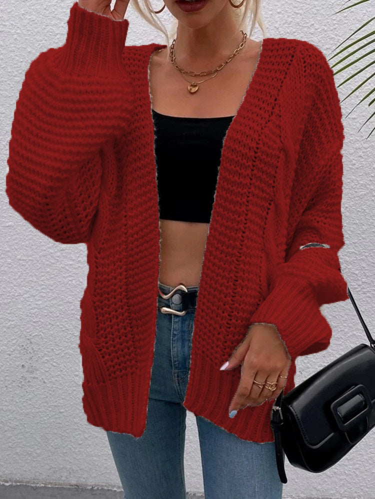 Women's Casual Long Sleeve Thick Knitted Twine Rope Loose Lantern Cardigans