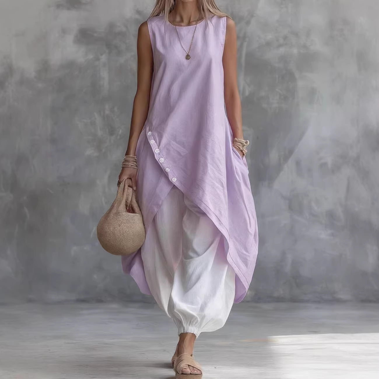 Solid Color Sleeveless Loose Pocket Midi Fashion Casual Suit
