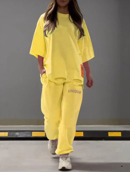 Women's Loose Crew Neck T-shirt Two-piece Set Suits