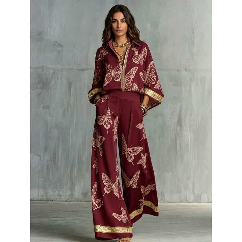 Women's Printed Sexy Deep V Loose Zip Wide Fashion Casual Suit