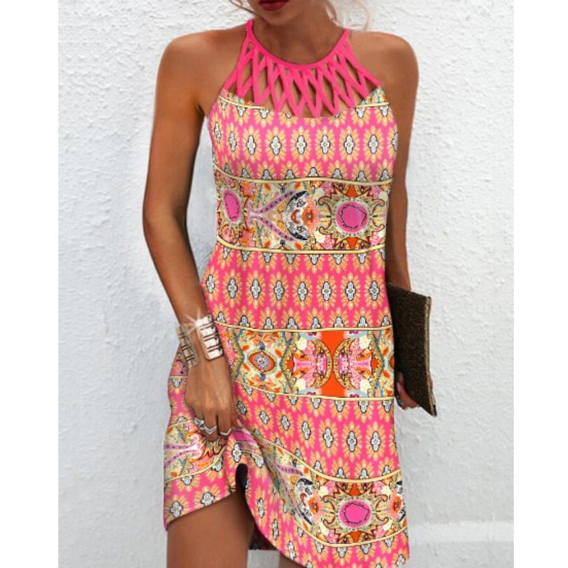 Women's Ethnic Style Positioning Printed Mesh Sleeveless Dress