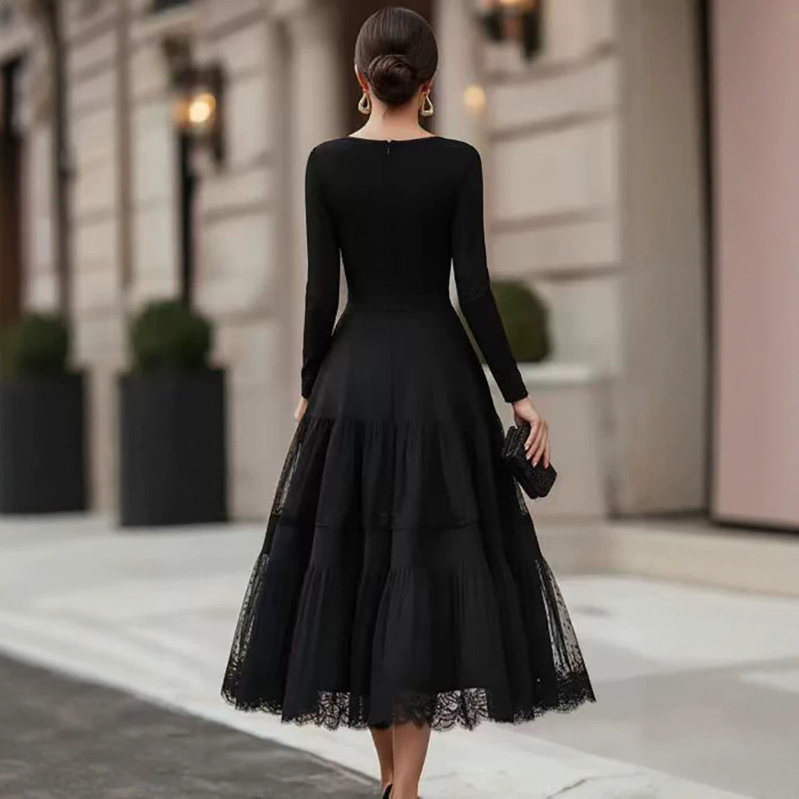 Women's French Style Elegant Hepburn Long Sleeve Mesh Stitching High-grade Dress