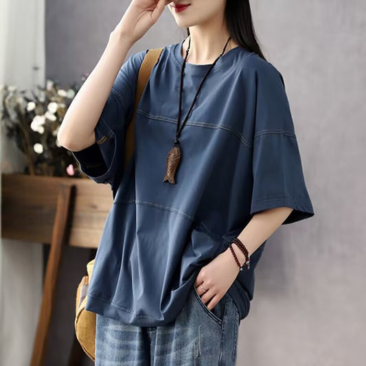 Women's Sleeve T-shirt Line Stitching Loose Casual Blouses