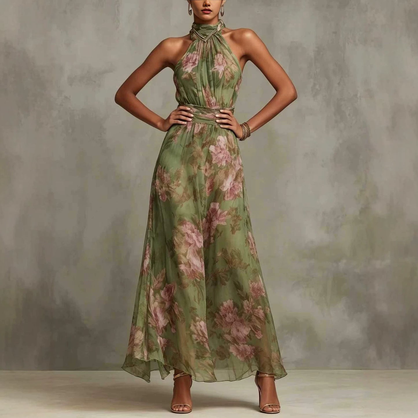 Women's Ruffle Hip Mesh Floral Print Irregular Slit Sexy Suspender Dress