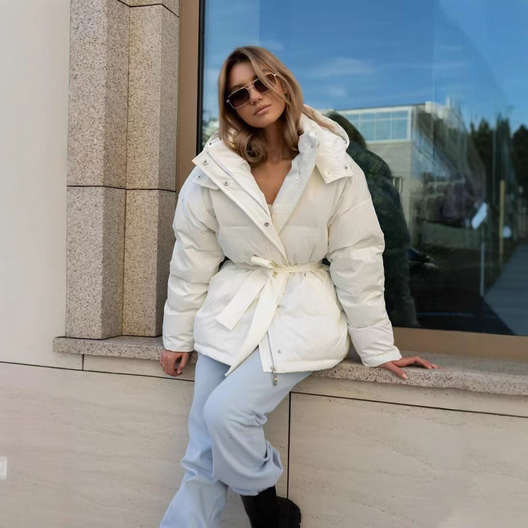 Women's Hooded Thick Fashion Solid Color Belt Warm Coats