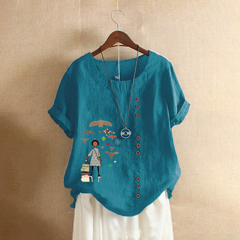 Women's Retro Cotton Linen Printed Casual Shirt Blouses