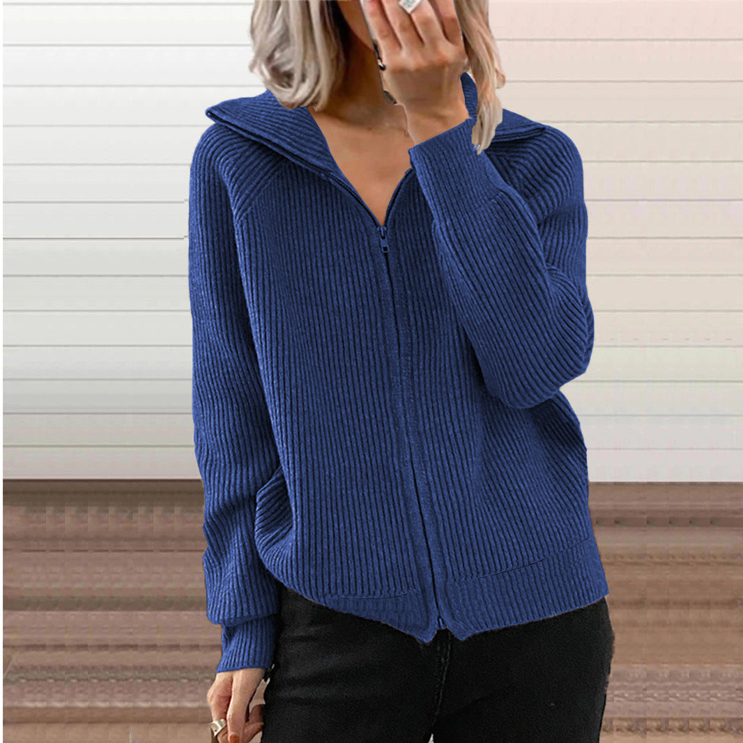 Women's Striped Casual Loose Zipper Long Sleeve Sweater
