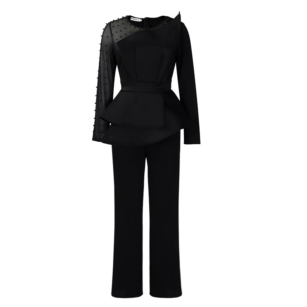 Long Sleeve Temperament Mesh Splicing Beads Jumpsuits