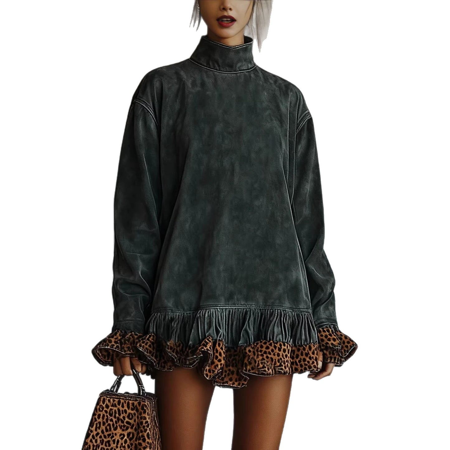 Women's Fashion Casual Turtleneck Long Sleeve Leopard Dress