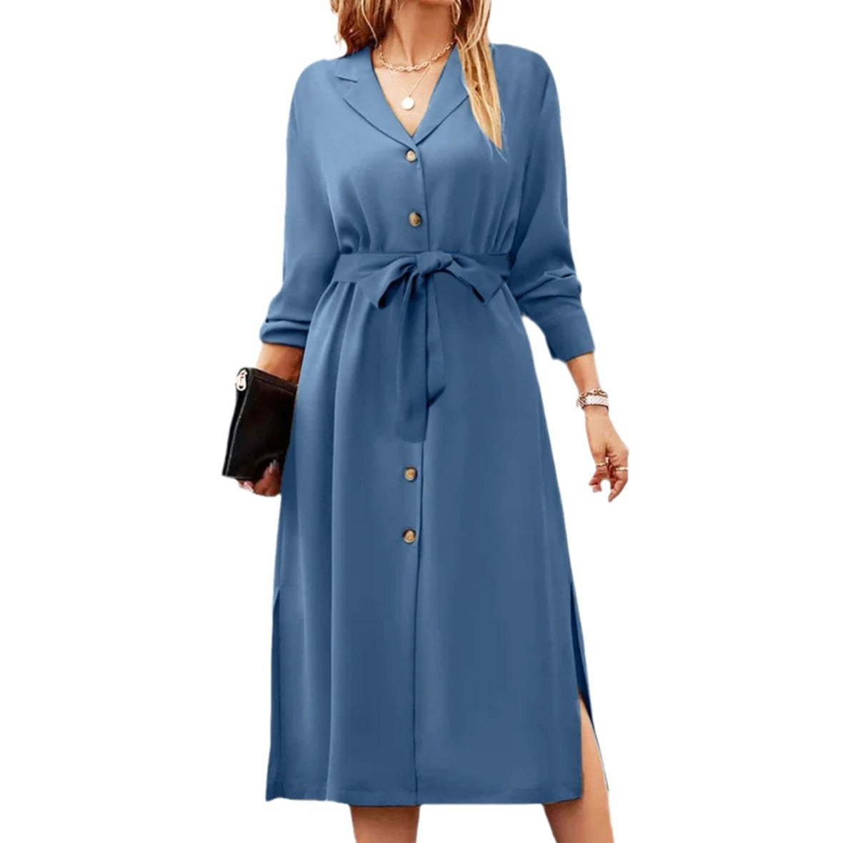 Women's Solid Color Lapel Tied Long Sleeve Dresses