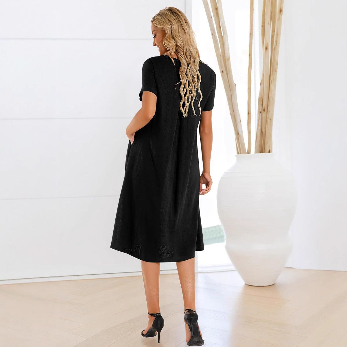 Neck Sleeve Large Casual Loose Long Solid Color Cotton Dresses