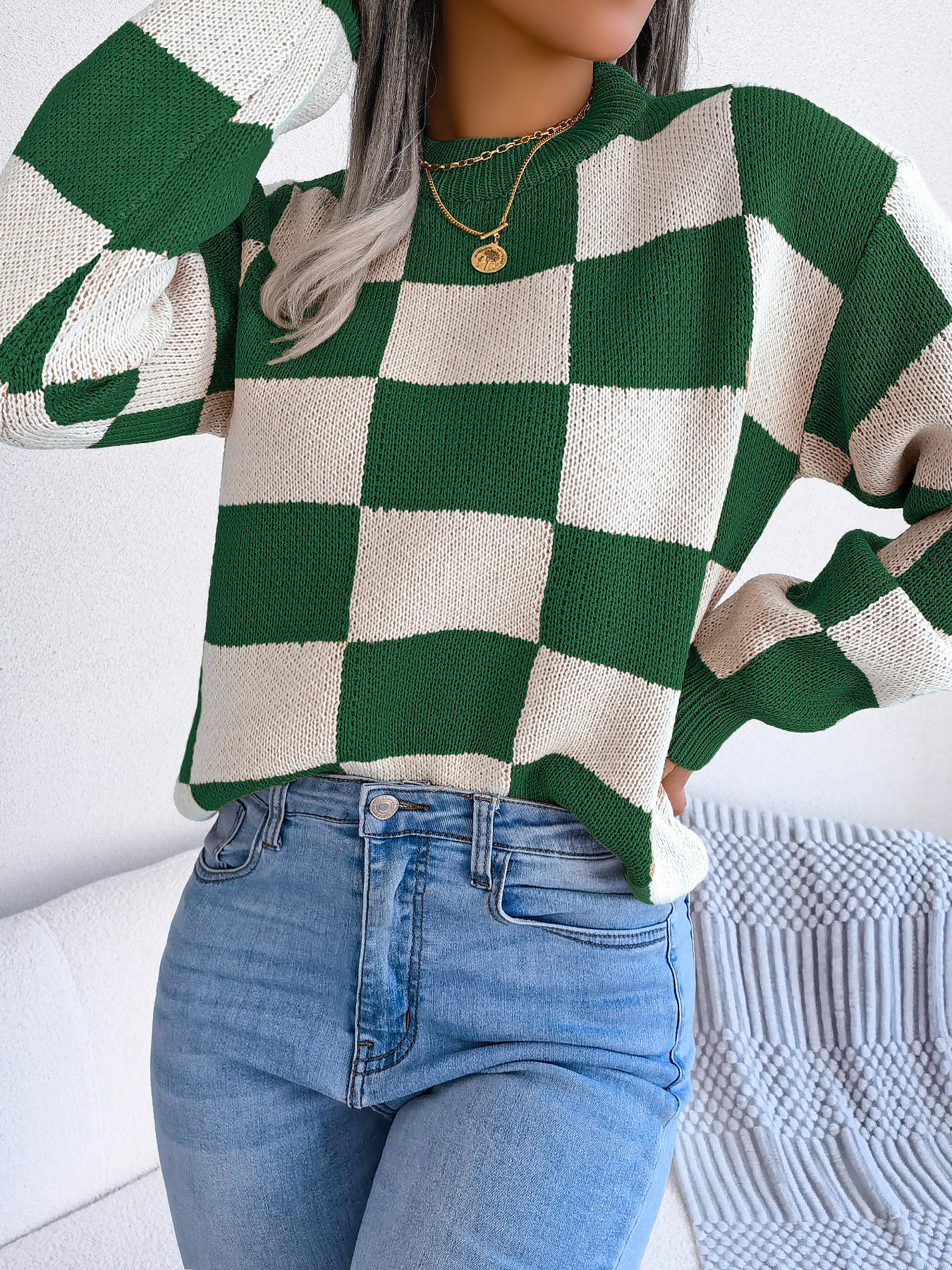 Women's Street Style Check Long Sleeve Pullover Sweater