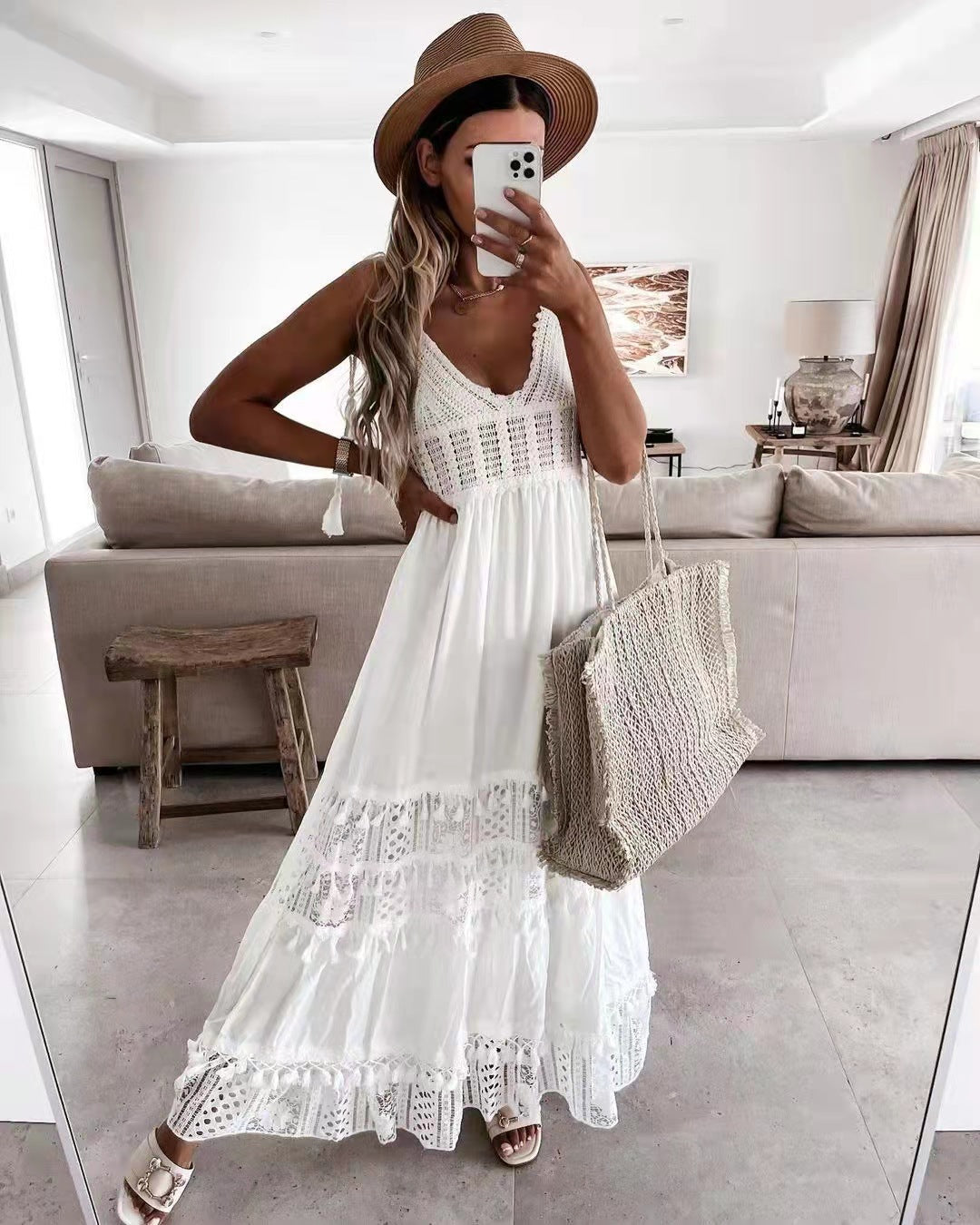 Women's Dress Casual Lace Stitching Sleeveless Long Dresses