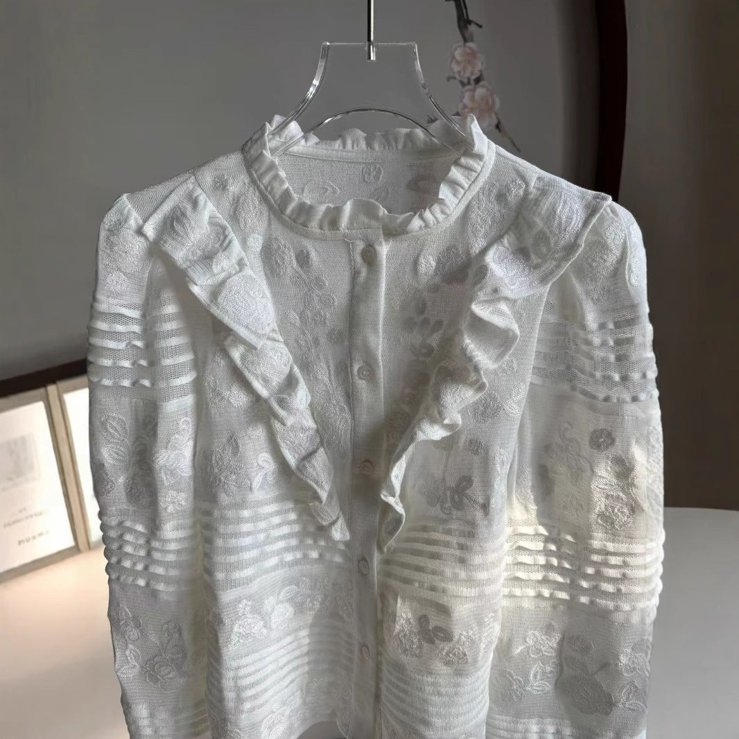 Women's Floral Embroidered Ruffled Wooden Ear Collar Blouses