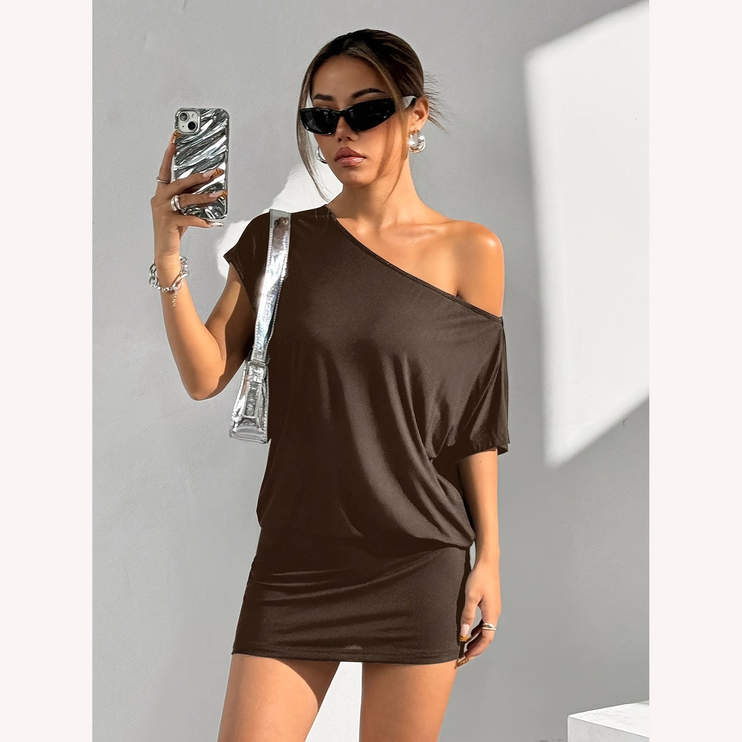 Women's Summer Solid Color Asymmetric Collar Short-sleeved Casual T-shirt Slim Slimming Dress