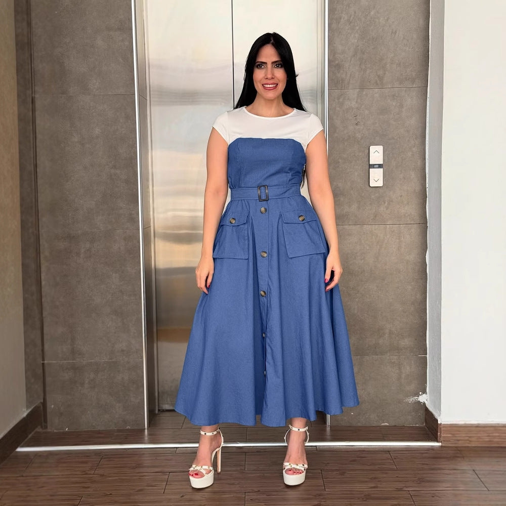 Stitching Contrast Color Overalls Pocket Hemline Dresses