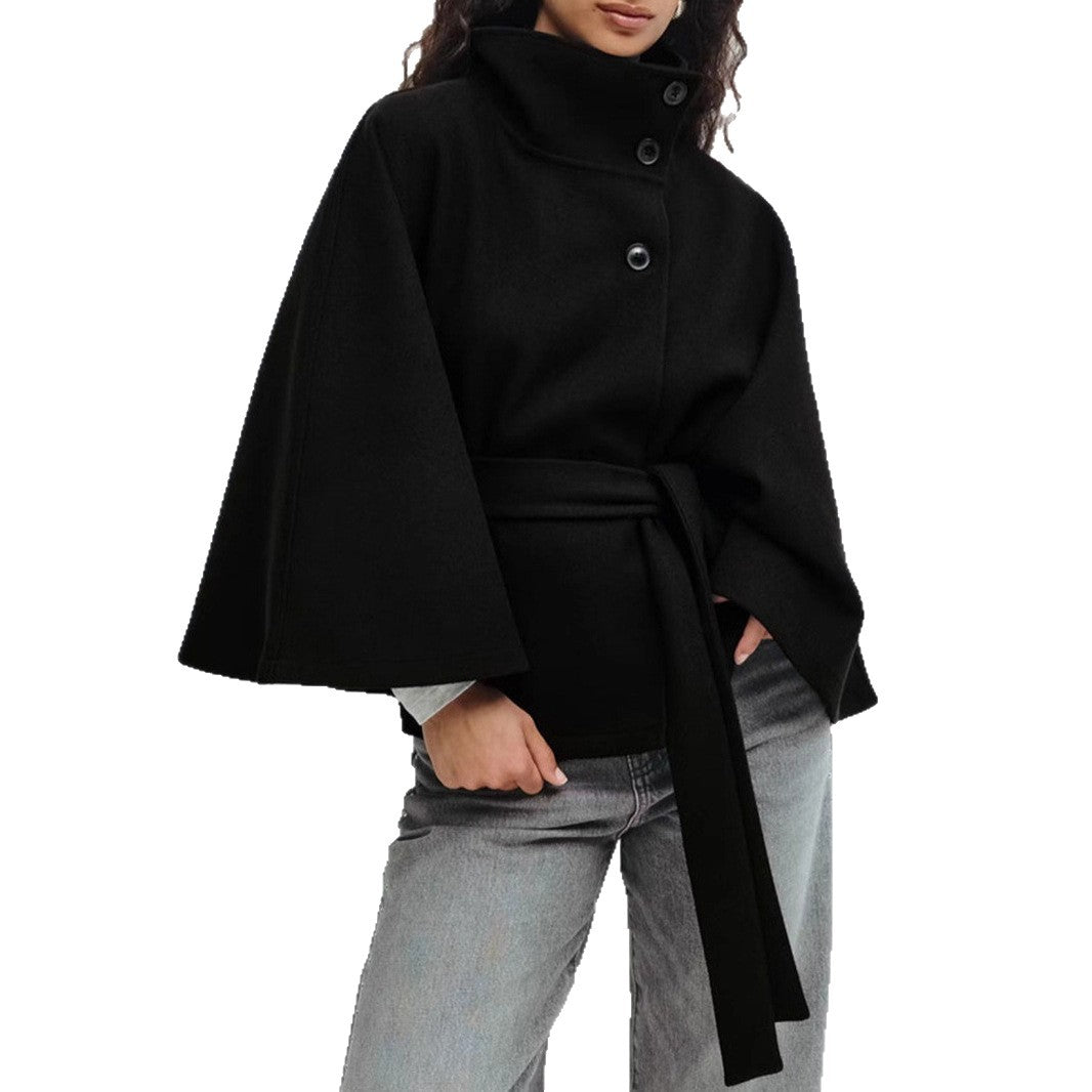Women's Solid Color Cloak Stand Collar Button Coats