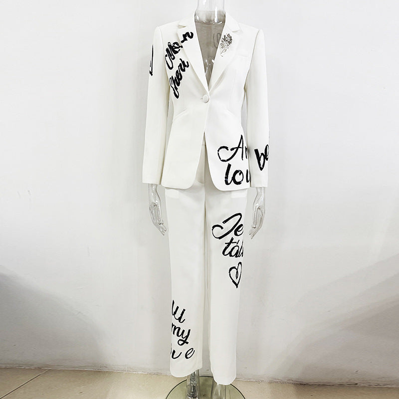 Early Spring English Alphabet Embroidery Sequined Trousers Two-piece Fashion Casual Suit