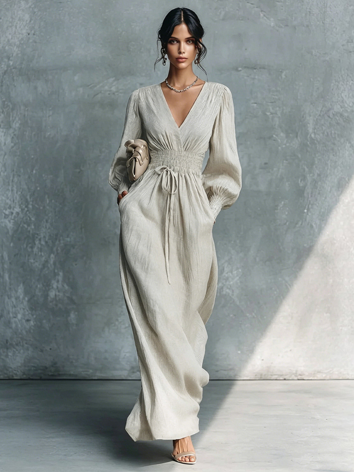 Women's Elegant Waist Long-sleeved Slimming French A- Line Dress