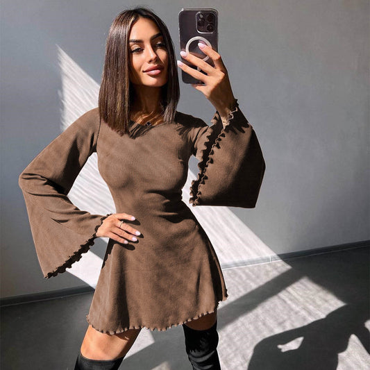 Women's Sexy Dress Solid Color Flare Sleeve Hollow Out Dresses