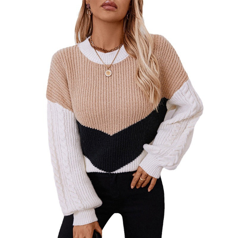 Women's Contrast Color Crew Neck Pullover Loose Knitwear