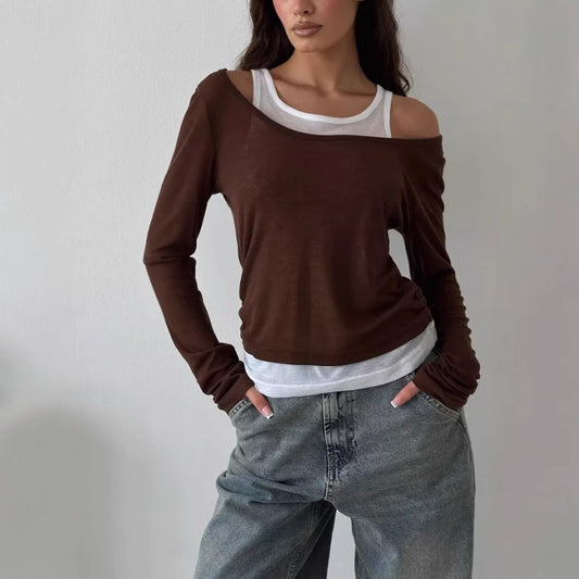 Women's Sense Fake Two Pieces Color Contrast Long Blouses