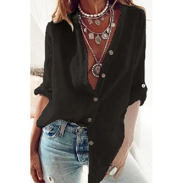 Women's Pure Color Cotton Rollable Sleeves Loose-fitting Blouses