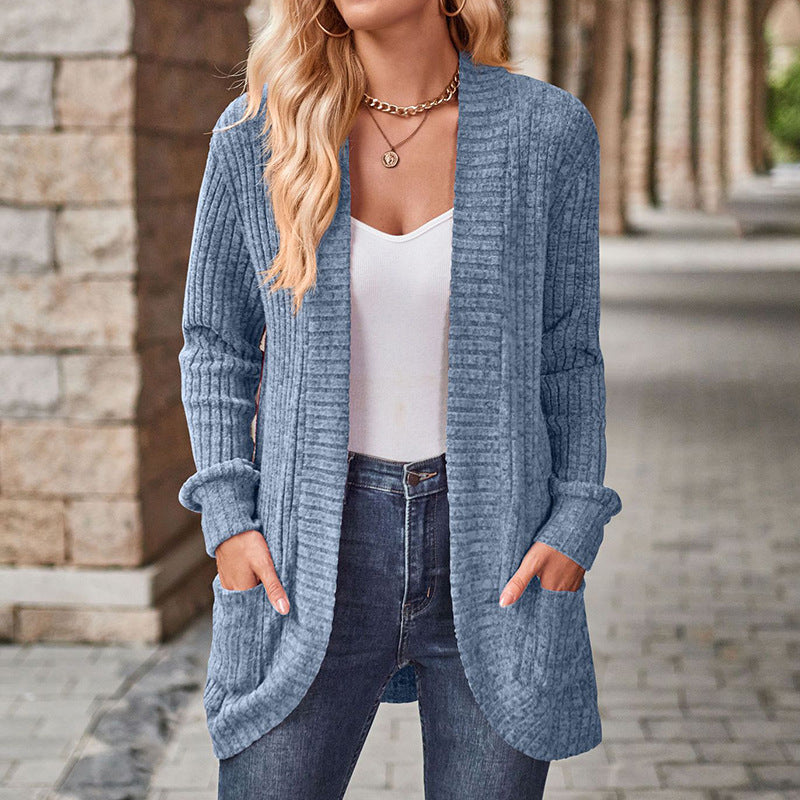 Sleeve Solid Color Rib Fabric Brushed Stitching Women's Sweater