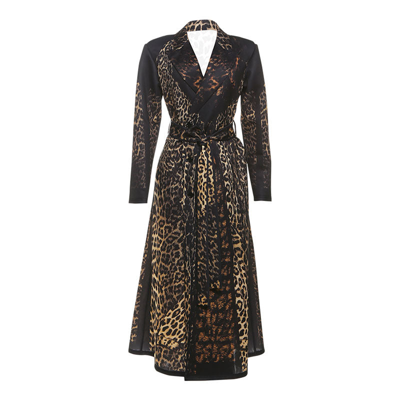 Women's Lapel Print Leopard Long Temperament Leisure Coats