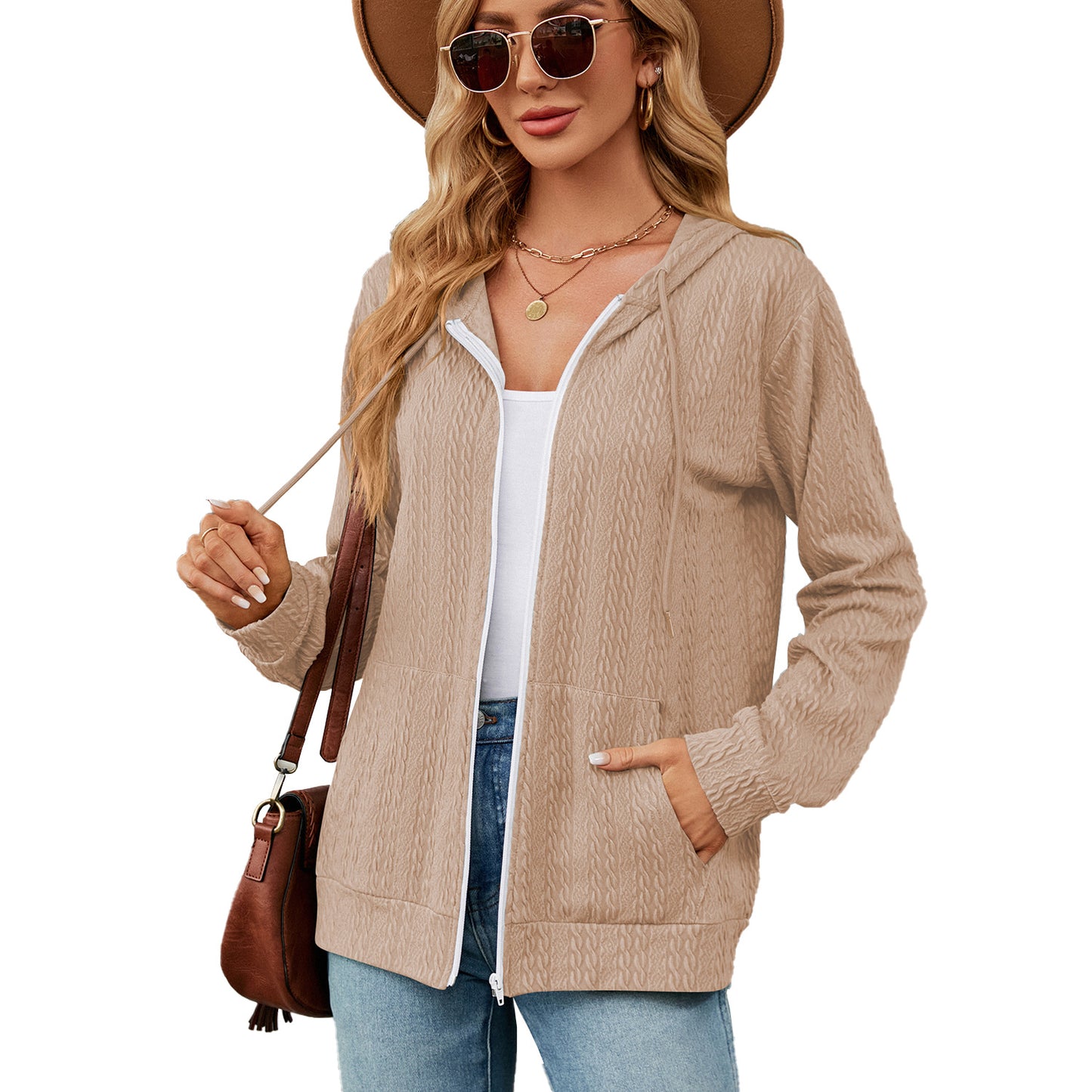 Women's Loose Long Sleeve Hooded Zip Pocket Cardigans