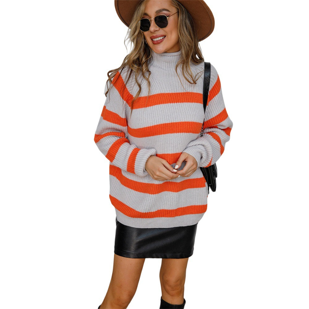 Women's Long-sleeved Knitted Cotton Striped Temperament Commute Patchwork Stripes Black Plus Size