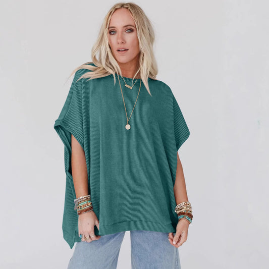 Women's Solid Color Knitted Oversized Pullover Batwing Blouses